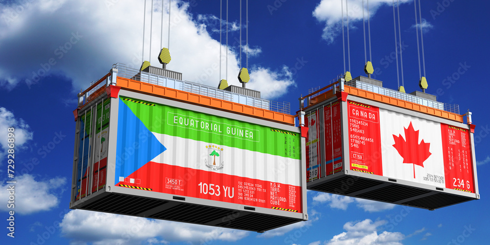 Shipping containers with flags of Equatorial Guinea and Canada - 3D illustration