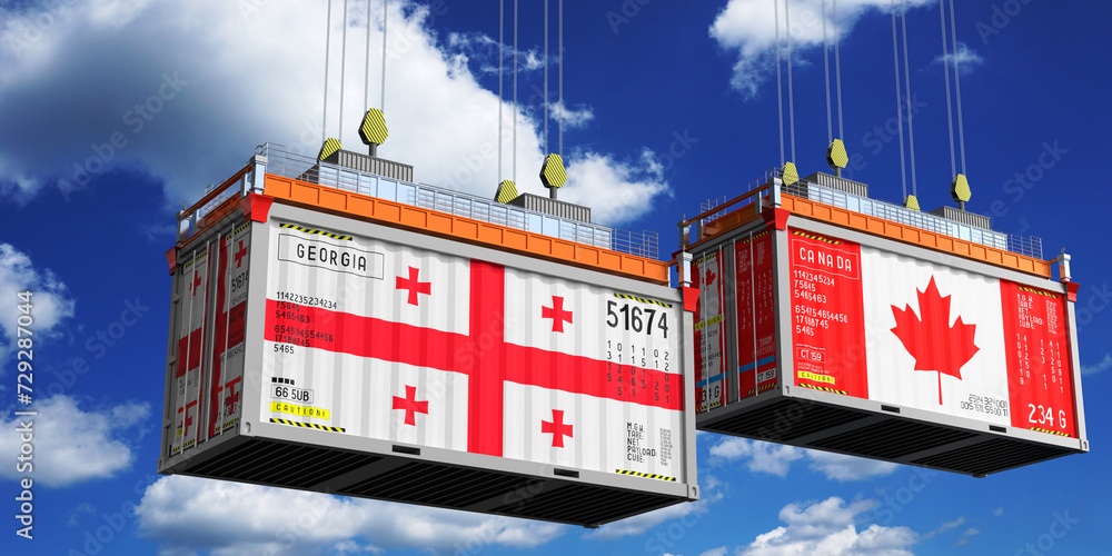 Shipping containers with flags of Georgia and Canada - 3D illustration