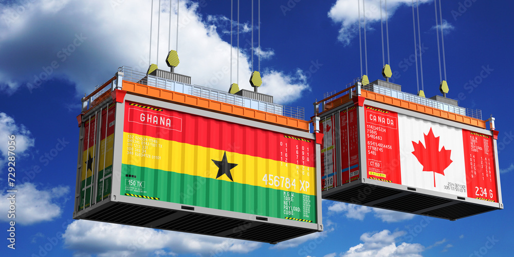 Shipping containers with flags of Ghana and Canada - 3D illustration Shipping containers with flags of Ghana and Canada - 3D illustration