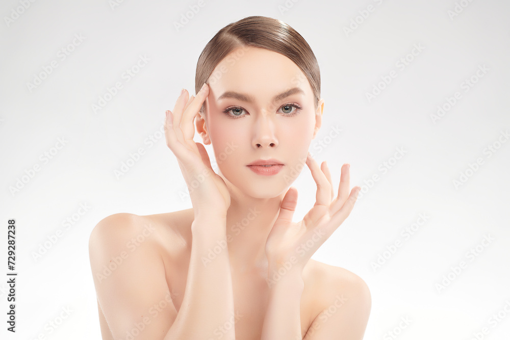 Beautiful young woman with clean fresh skin on white background, Face care, Facial treatment, Cosmetology, beauty and spa, women portrait. Beautiful young woman with clean fresh skin on white background, Face care, Facial treatment, Cosmetology, beauty and spa, women portrait.