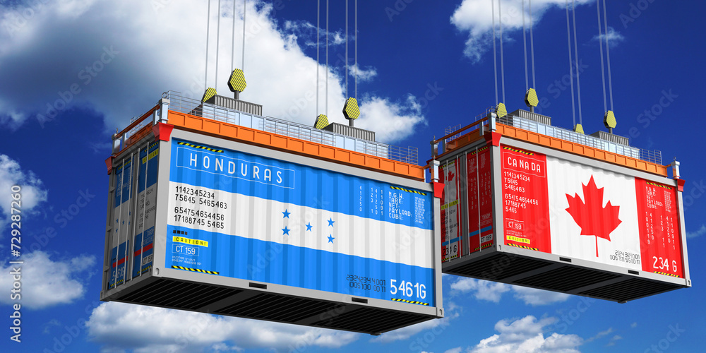 Shipping containers with flags of Honduras and Canada - 3D illustration