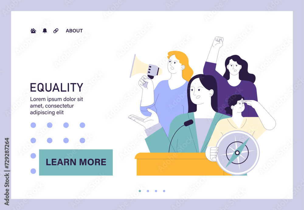 Social equity web or landing. Women represented in politics. Civil society empowering, female activism for better future and equal opportunities. Diversity and inclusion. Flat vector illustration Social equity web or landing. Women represented in politics. Civil society empowering, female activism for better future and equal opportunities. Diversity and inclusion. Flat vector illustration