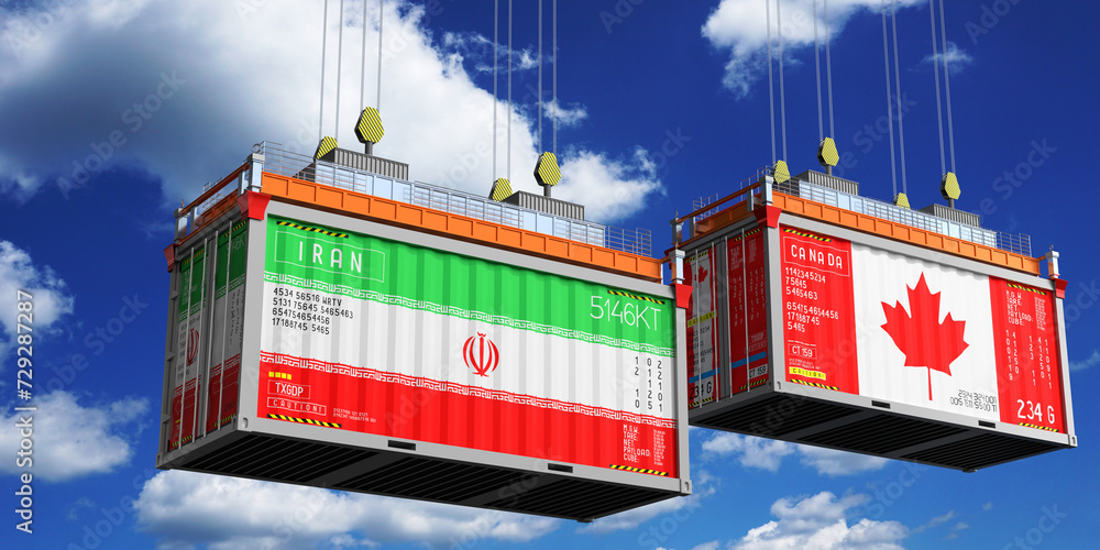 Shipping containers with flags of Iran and Canada - 3D illustration Shipping containers with flags of Iran and Canada - 3D illustration