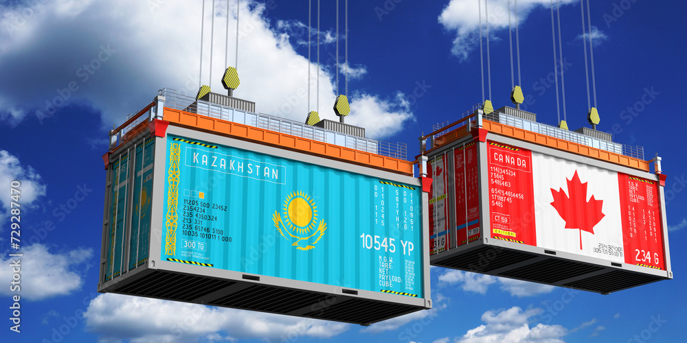 Shipping containers with flags of Kazakhstan and Canada - 3D illustration