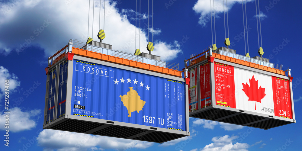 Shipping containers with flags of Kosovo and Canada - 3D illustration