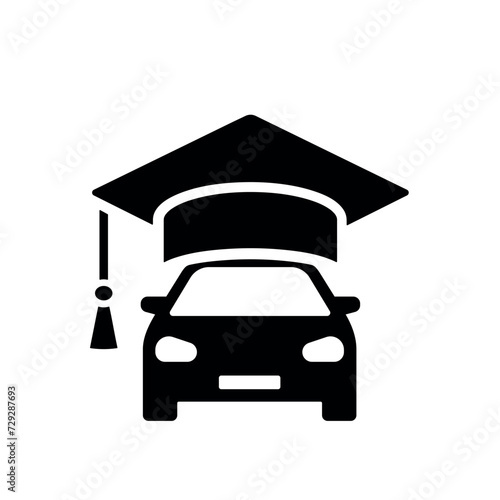 driving school black vector logo, a car with graduation hat on, simple icon for driving course