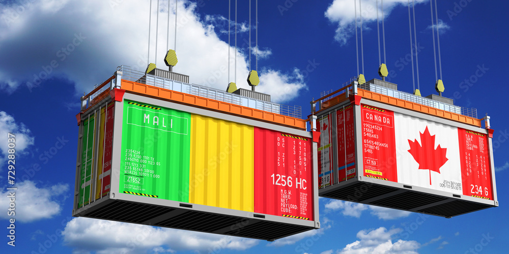 Shipping containers with flags of Mali and Canada - 3D illustration