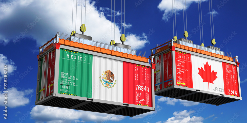 Shipping containers with flags of Mexico and Canada - 3D illustration