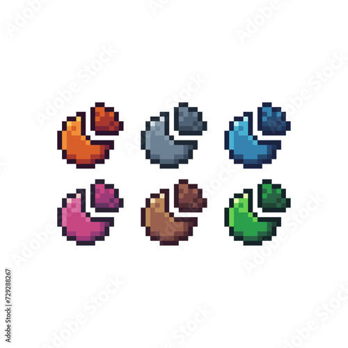 Pixel art sets icons of chart pie sign variations in color. Finance pie chart icon in pixelated style. 8-bit Illustration,for design asset elements, game UIs, and mobile apps icon collection.