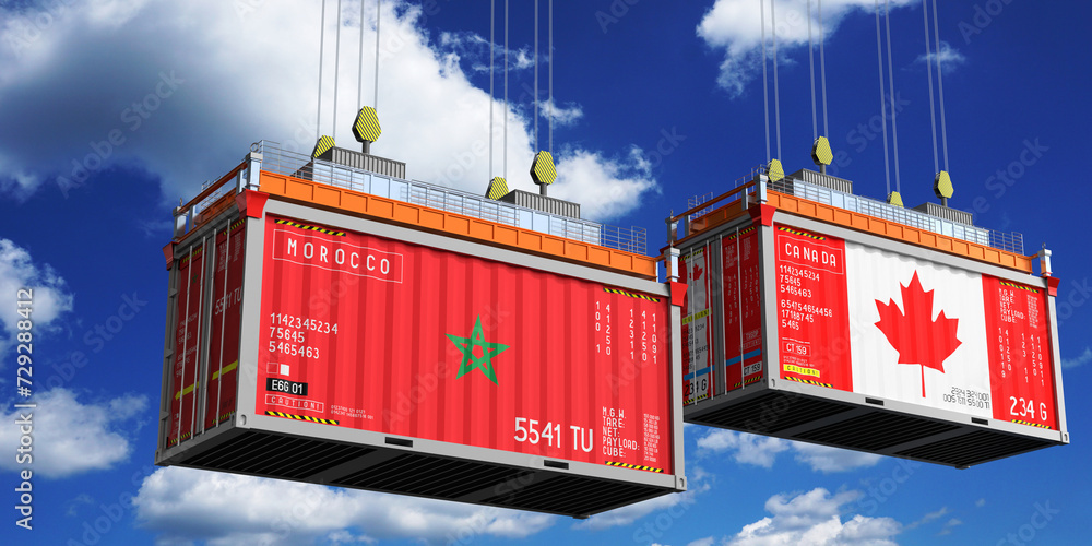 Shipping containers with flags of Morocco and Canada - 3D illustration