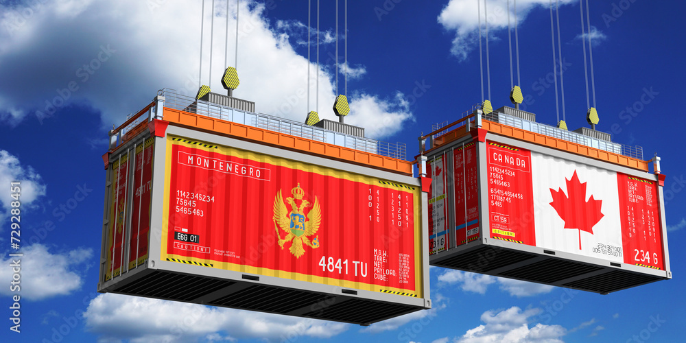 Shipping containers with flags of Montenegro and Canada - 3D illustration