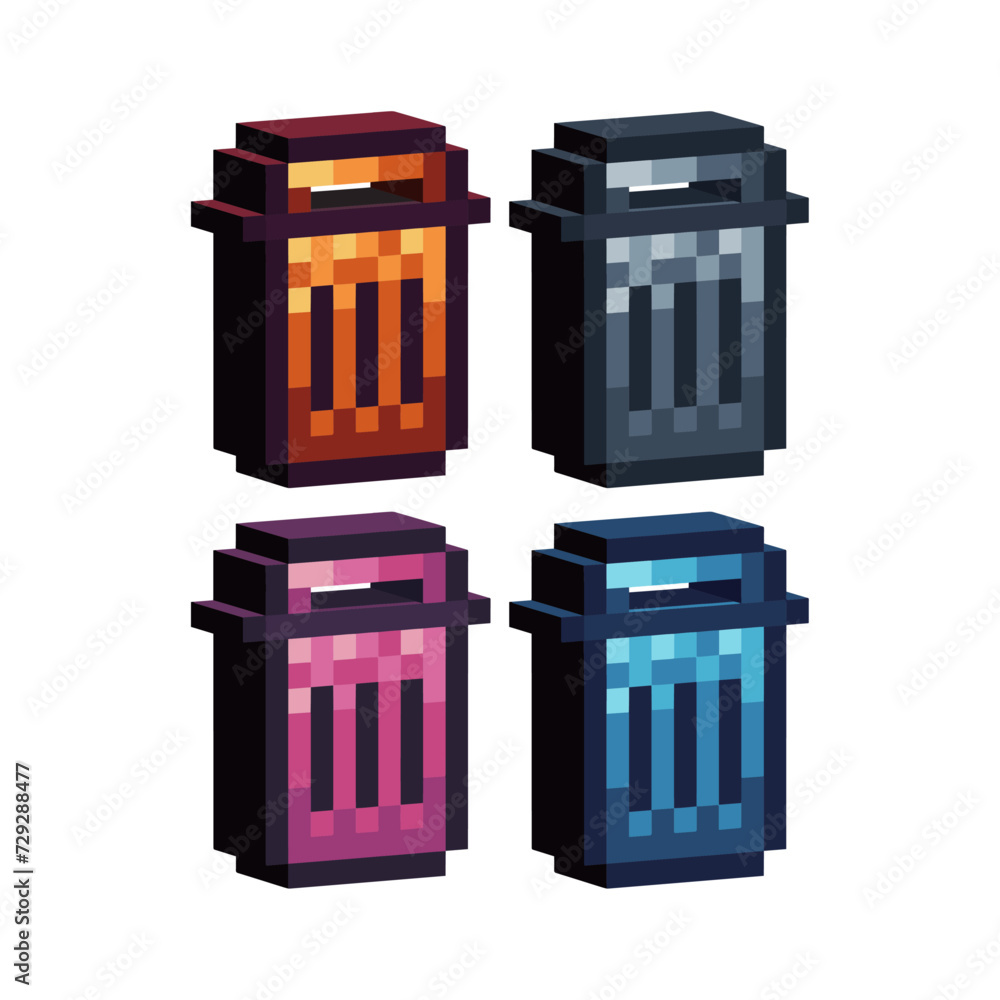 Isometric Pixel art 3d of trash can icon for items asset. Isolated Recycle bin icon on pixel bits style.8-bits perfect for game asset,design asset element,app,website, Vector illustration. Isometric Pixel art 3d of trash can icon for items asset. Isolated Recycle bin icon on pixel bits style.8-bits perfect for game asset,design asset element,app,website, Vector illustration.