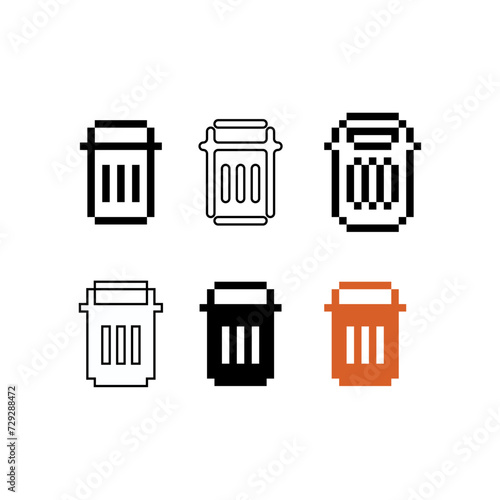 Pixel art outline sets icons of recycle bin sign variations in color.trash bin icon in pixelated style. 8-bit Illustration,for design asset elements, game UIs, and mobile apps icon collection.
