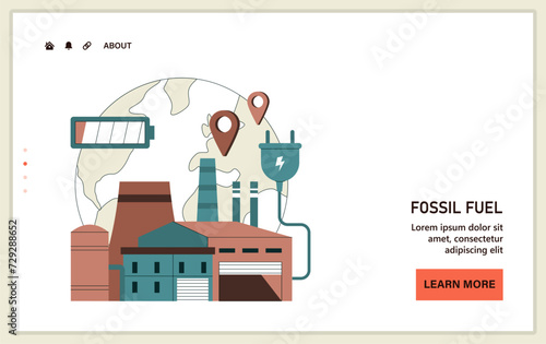 Fossil fuel energy dependency web or landing. Reliance on imported fossil resources. Distribution of Earth raw materials. Flat vector illustration