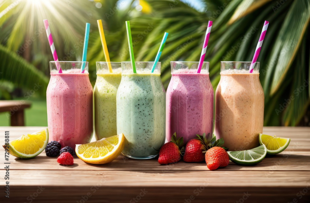 Refreshing summer drinks at the beach: colorful smoothies with fresh fruits on a palm-filled backdrop and sun strayes.