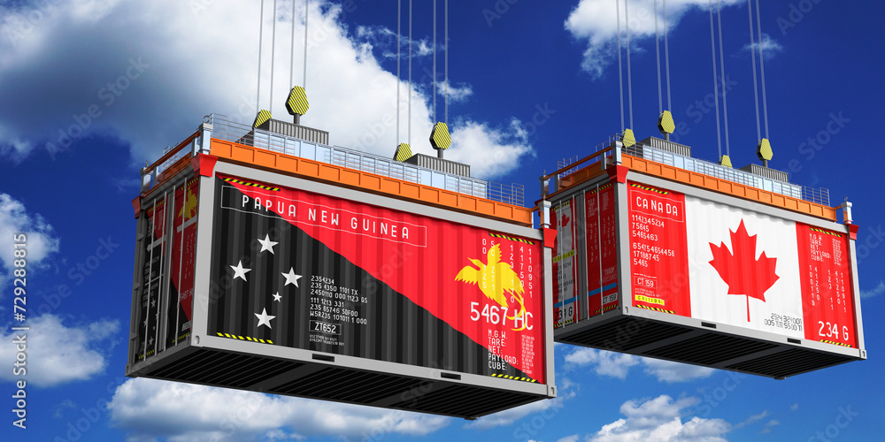 Shipping containers with flags of Papua New Guinea and Canada - 3D illustration