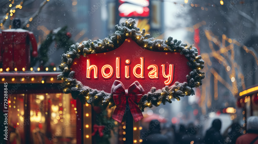 Winter Holiday Neon Sign with Snowy Wreath and City Lights Bokeh