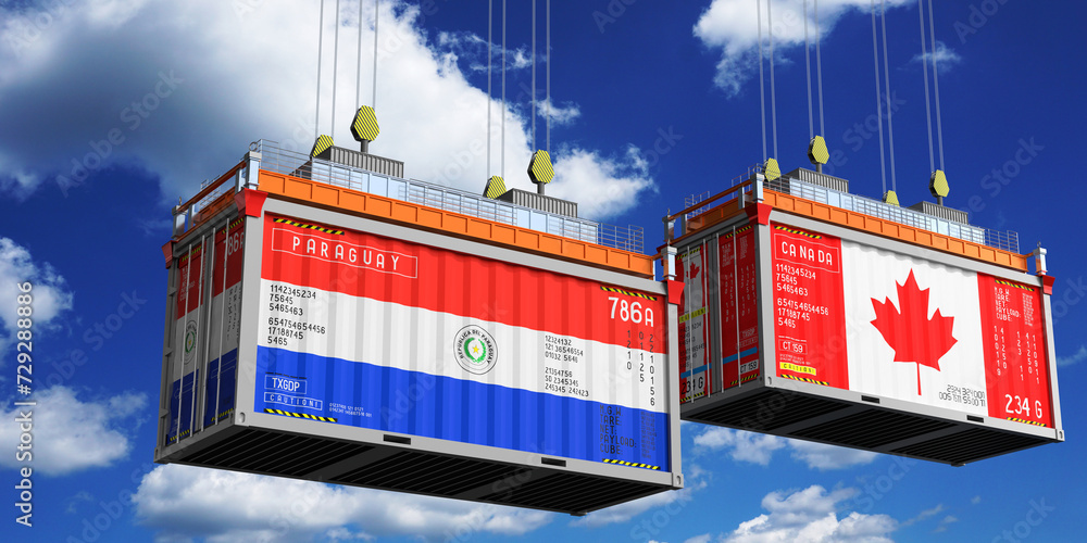 Shipping containers with flags of Paraguay and Canada - 3D illustration