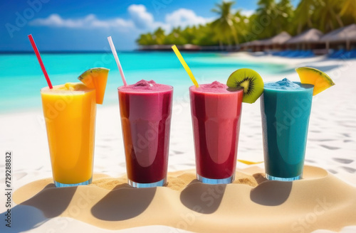 Sunny sips: tropical smoothies on a white sandy beach with a backdrop of palms and blue sea.Summer holidays vacation concept,and health food concept.