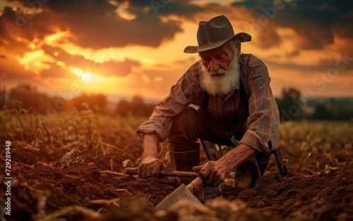 Old farmer tilling soil at sunset, showcasing the beauty and hard work of agricultural life.