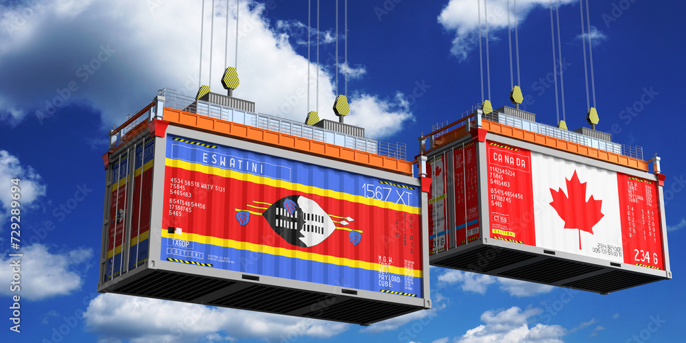 Shipping containers with flags of Eswatini and Canada - 3D illustration