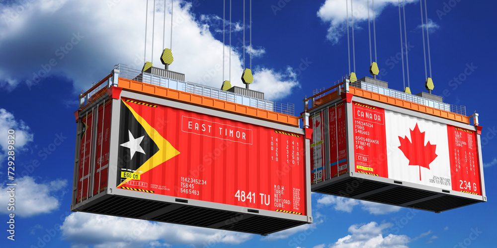 Shipping containers with flags of East Timor and Canada - 3D illustration
