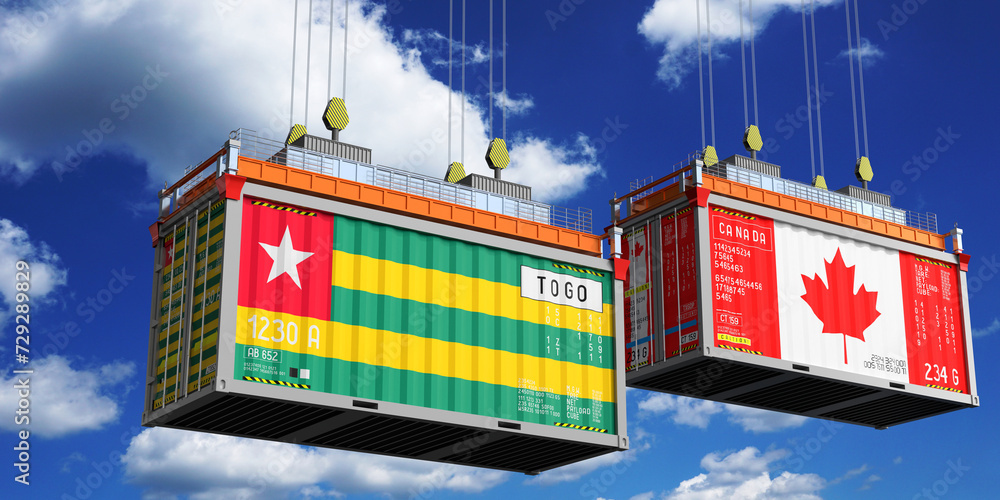 Shipping containers with flags of Togo and Canada - 3D illustration