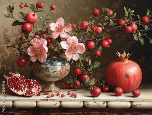 ripe pomegranates with grains