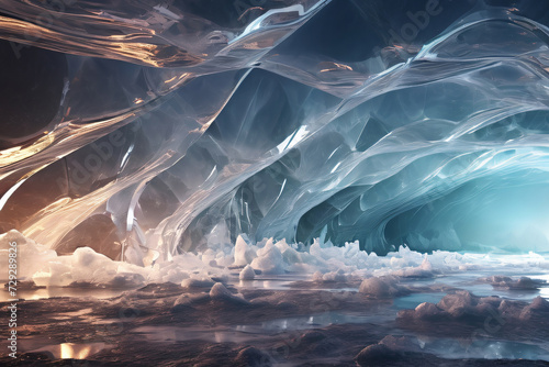 Futuristische Eishöhle digitale leuchtende Wellen und Netzwerk © Pixelot