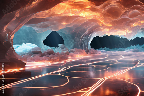 Futuristische Eishöhle digitale leuchtende Wellen und Netzwerk © Pixelot