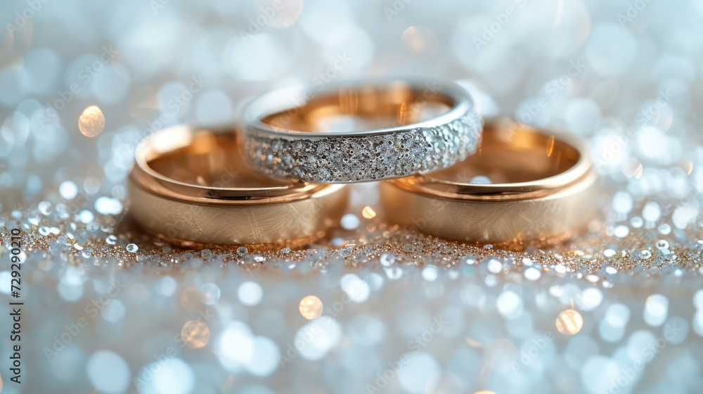 Upright gold wedding bands symbolic of love and romance on a textured glitter background. Decorative gifting beautifully for a valentines, anniversary, celebration. Generative AI Upright gold wedding bands symbolic of love and romance on a textured glitter background. Decorative gifting beautifully for a valentines, anniversary, celebration. Generative AI