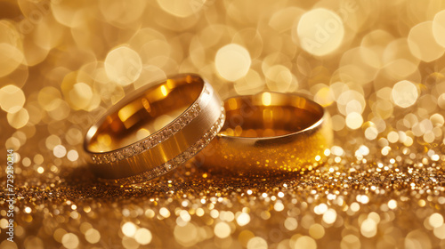 Upright gold wedding bands symbolic of love and romance on a textured glitter background. Decorative gifting beautifully for a valentines, anniversary, celebration. Generative AI