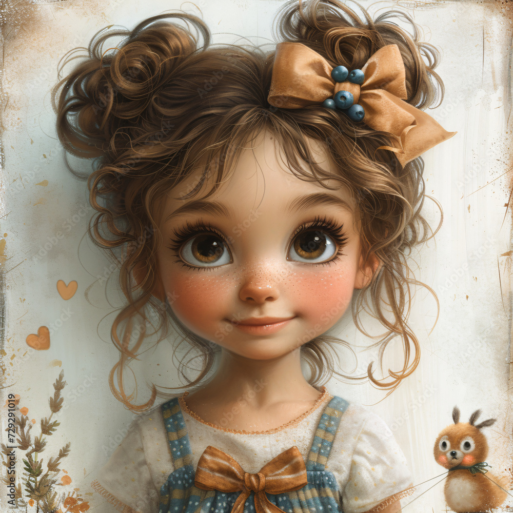 Cute girl with curly hair with a shiny bow, in a menthol T-shirt with strawberries, skirt with pockets, striped tights and shoes with clasps, hugging a big Cute Cute girl with curly hair with a shiny bow, in a menthol T-shirt with strawberries, skirt with pockets, striped tights and shoes with clasps, hugging a big Cute