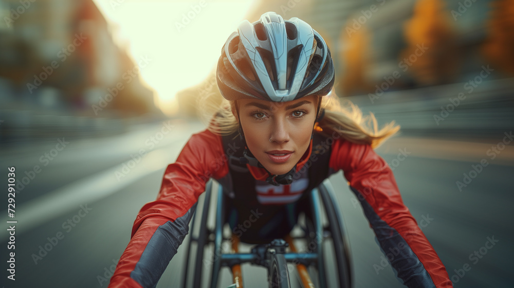 young female athlete in a wheelchair is competing on an outdoor sports field. young female athlete in a wheelchair is competing on an outdoor sports field.