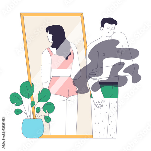 Gender transition. Gender dysphoria. Trans woman standing by the mirror, reflecting a true gender identity. Flat vector illustration