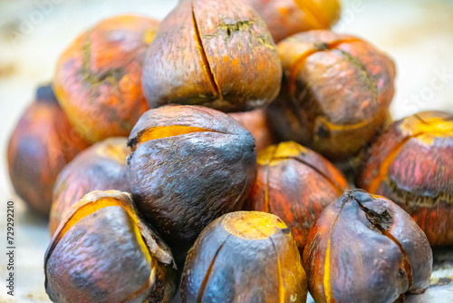 Roasted fruit of the pupunha palm (Bactris gasipaes), typical fruit of the Brazilian tropical forests, Amazonas, Pará, Rondônia and Acre. photo