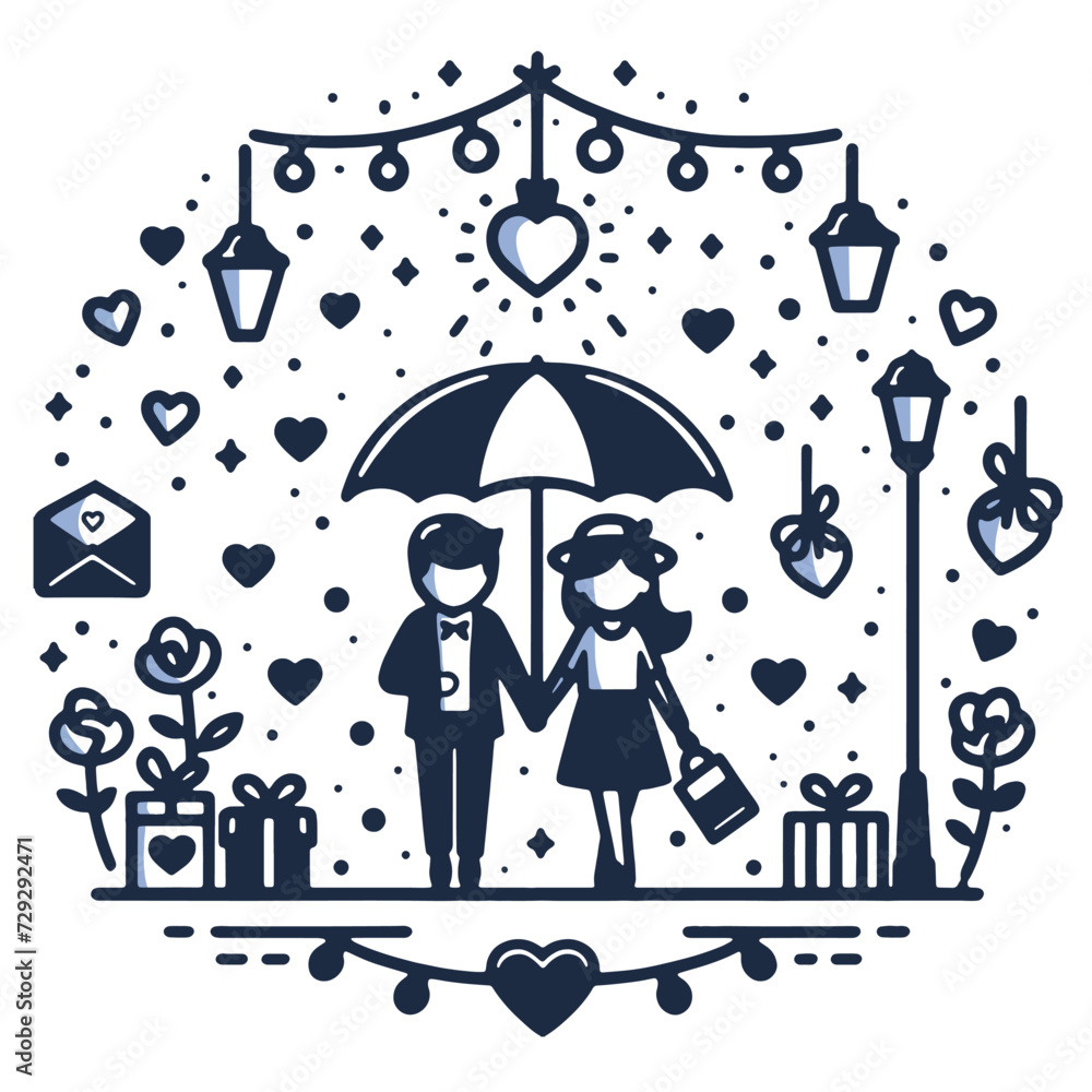 Sweet couple under the umbrella when valentine come simple vector Sweet couple under the umbrella when valentine come simple vector