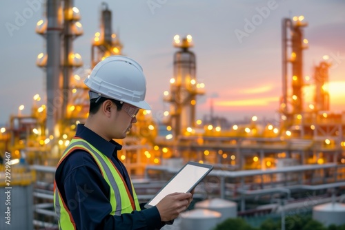 Asian engineer in hard hat and safety vest using tablet at oil refinery