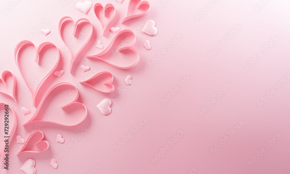 Love and Valentine's day concept made from pink paper hearts on pastel background.
