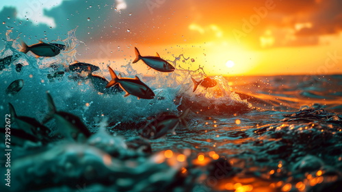 Fish jumping with a wave at sunset, with the ocean gleaming in the warm light © weerasak