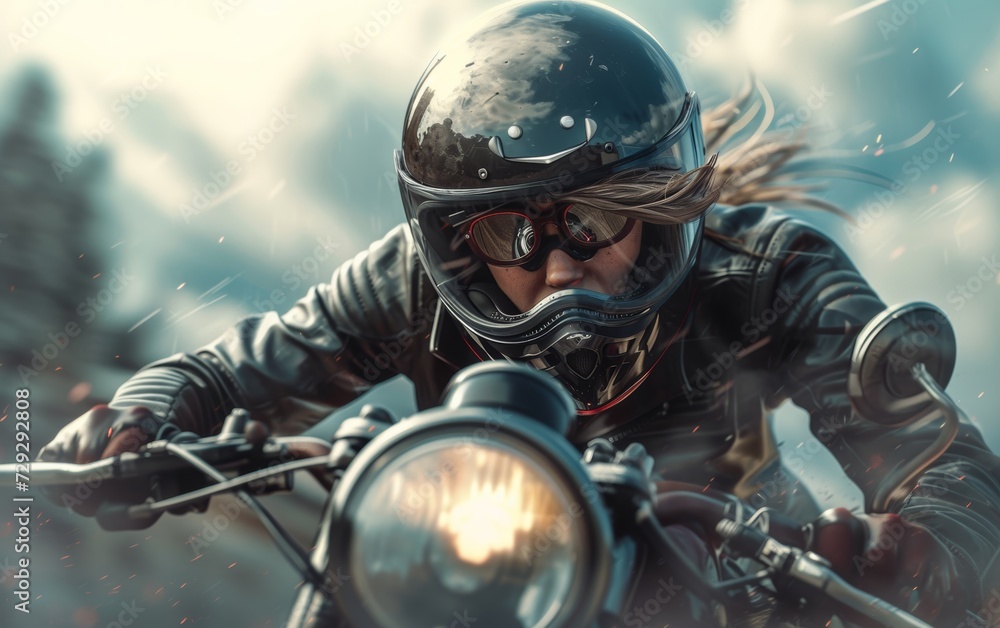 Obraz premium Female motorcyclist with a helmet riding a motorcycle in urban setting.