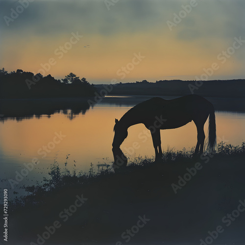 Silhouette of horse on lake shore © Social Material