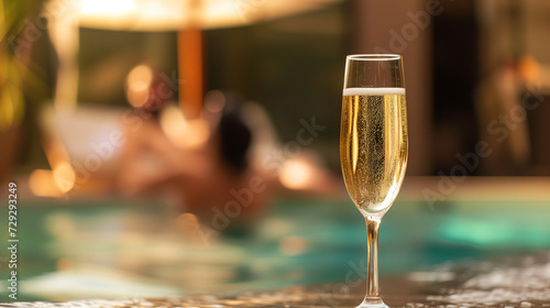 Champagne glass in luxury swimming pool with blurred people on background,
