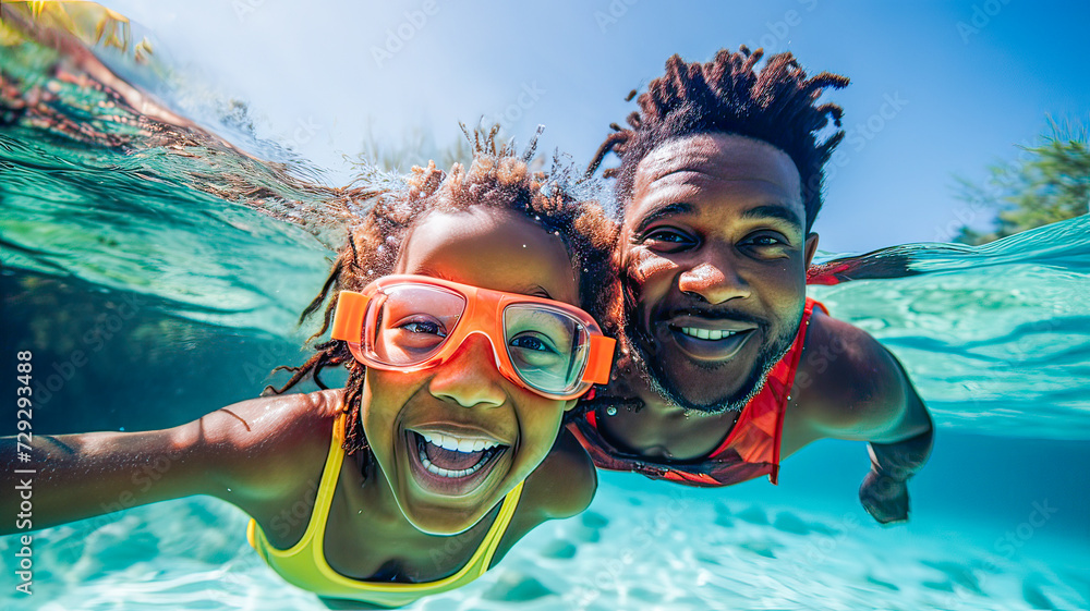 African family summer fun: snorkeling, underwater selfie, beach, colorful fish.
