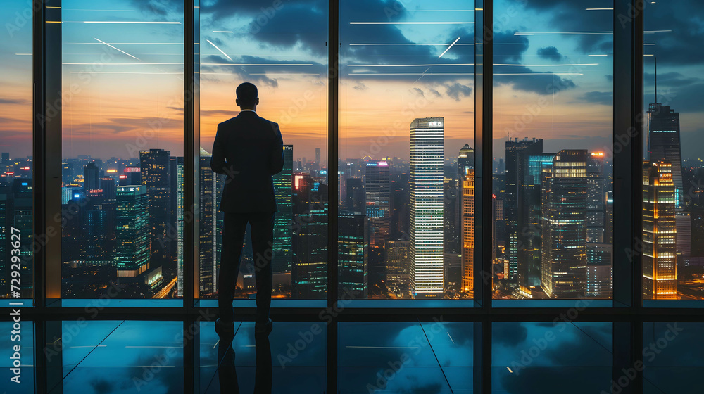 Visionary executive or businessman or investor thinking about the company future plans for success Visionary executive or businessman or investor thinking about the company future plans for success