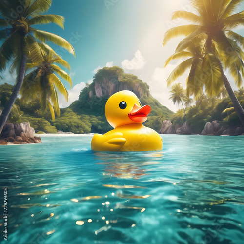 Giant rubber duck floating in the ocean with a small island on its back, surrounded by tropical palm trees and crystal clear water, bright and sunny day, calm seas, cinematic lighting, Generative AI