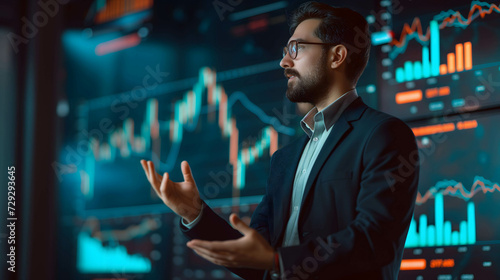 Young entrepreneur, manager, businessman pitching to investors about investing in business on stock market background photo