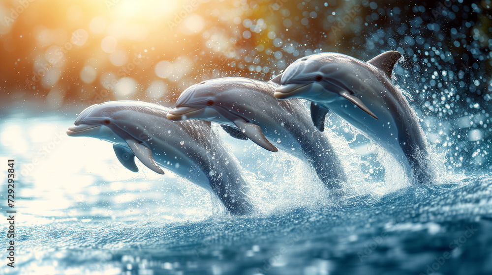 Fototapeta premium Three dolphins leaping joyfully from sparkling blue ocean waters under a sunny sky - fish out of water