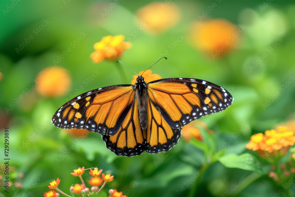 Fototapeta premium Monarch Butterflies in Their Natural Environment. The Natural Beauty of the Butterflies Surrounded by Plants and Flowers.