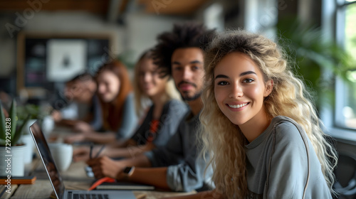 Portrait of a smiling young businesswoman with her team in the background. Group of young business people working and communicating together in modern office. 